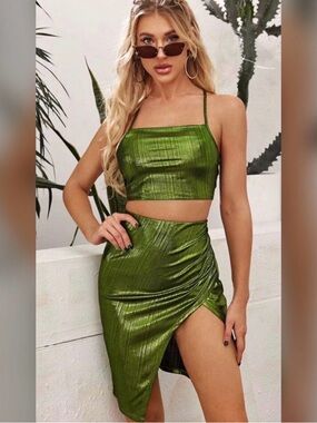 SHEIN Metallic Olive Green High-Low Ruched Wrap Skirt